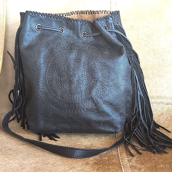 Patricia Nash Nicoletta 🖤 Black Leather Fringe Boho Bucket Bag Crossbody - Picture 4 of 16
